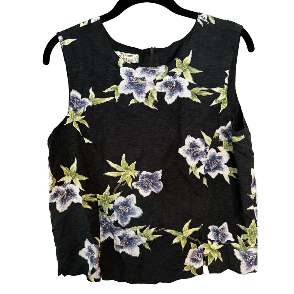 VTG‎ Tommy Bahama Navy Dark Floral 100% Silk Tank Sleeveless Top Sz Small